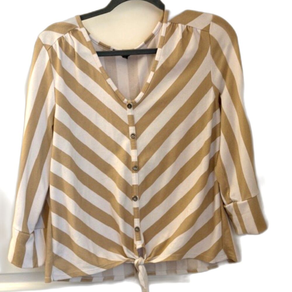 Adrienne Vittadini Striped Blouse Tie Front Button Top Casual Size L